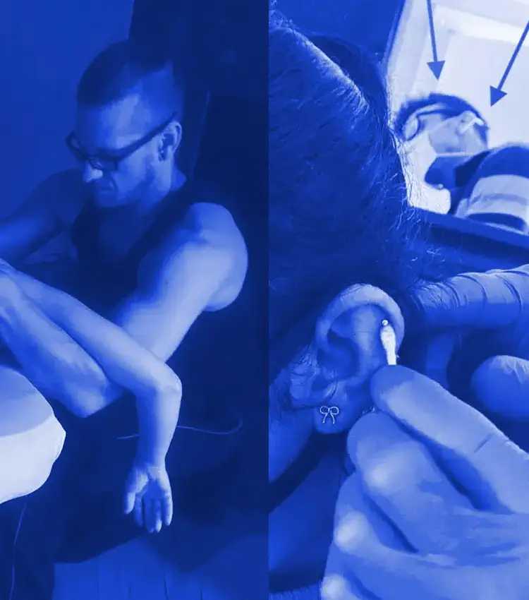 On two side-by-side images with a blue background, we see Yan Dubord, massage therapist and piercer, on the left side doing a massage, and on the right side he is doing a cartilage piercing.