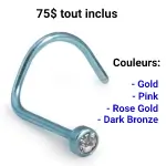 Bijoux de piercing en Titanium avec possibilité de différente couleur de Titanium avec pierre blanche pour le piercing du nez avec prix incluant les taxes.