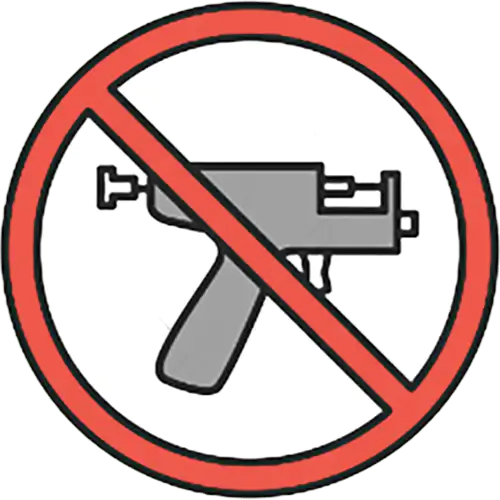 Icon in the shape of a prohibition sign with inside a gun that some non-professional people use to pierce ears and others, all to demonstrate that Yan Dubord Massotherapeute Piercing is a professional and that he does not use this type of instrument.